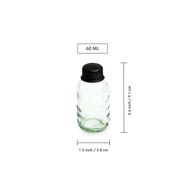 Single transparent glass shaker with black lid and dimension callouts