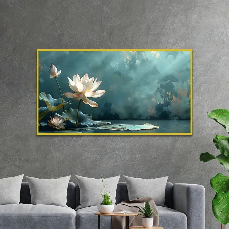 Lotus Of Tranquil Waters Floral Canvas Wall Painting With Frame - Gold media 6