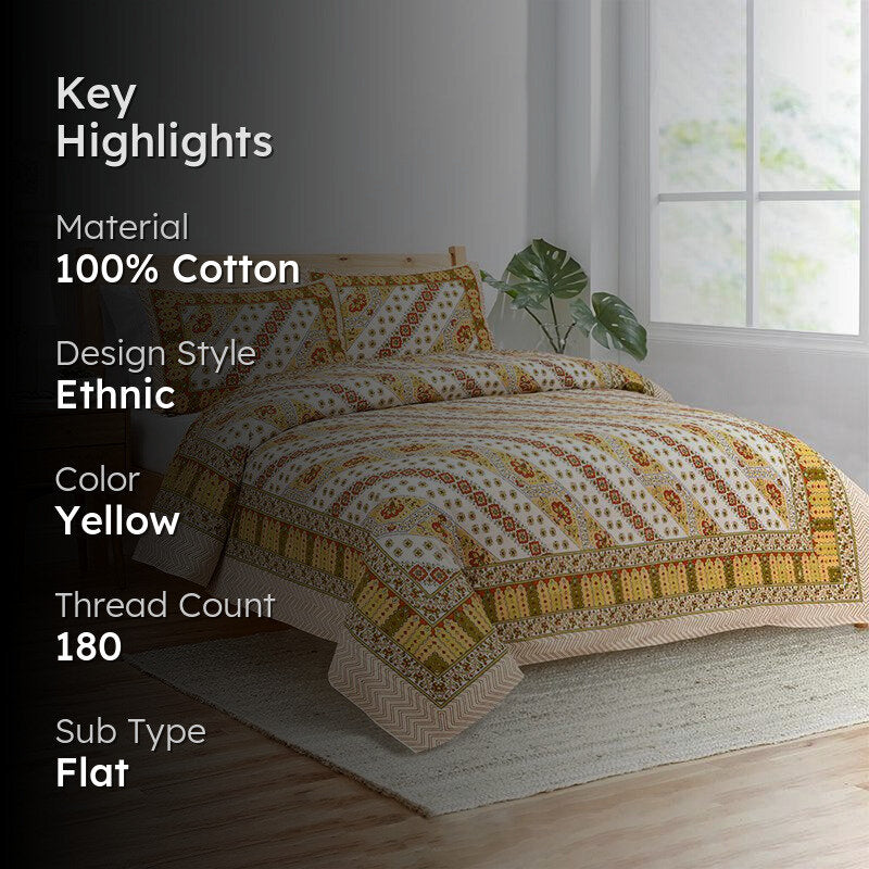 Eshan Ethnic Cotton Bedsheet (Yellow) - 180 TC media 2