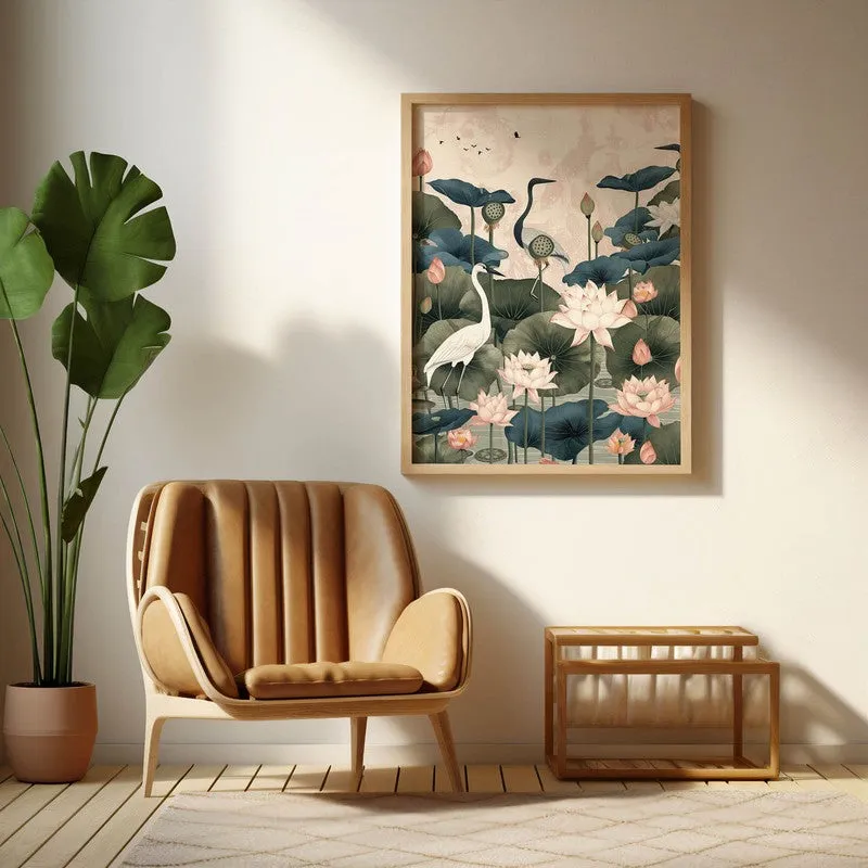 Lotus Garden Birds Canvas Wall Painting With Brown Frame media 6