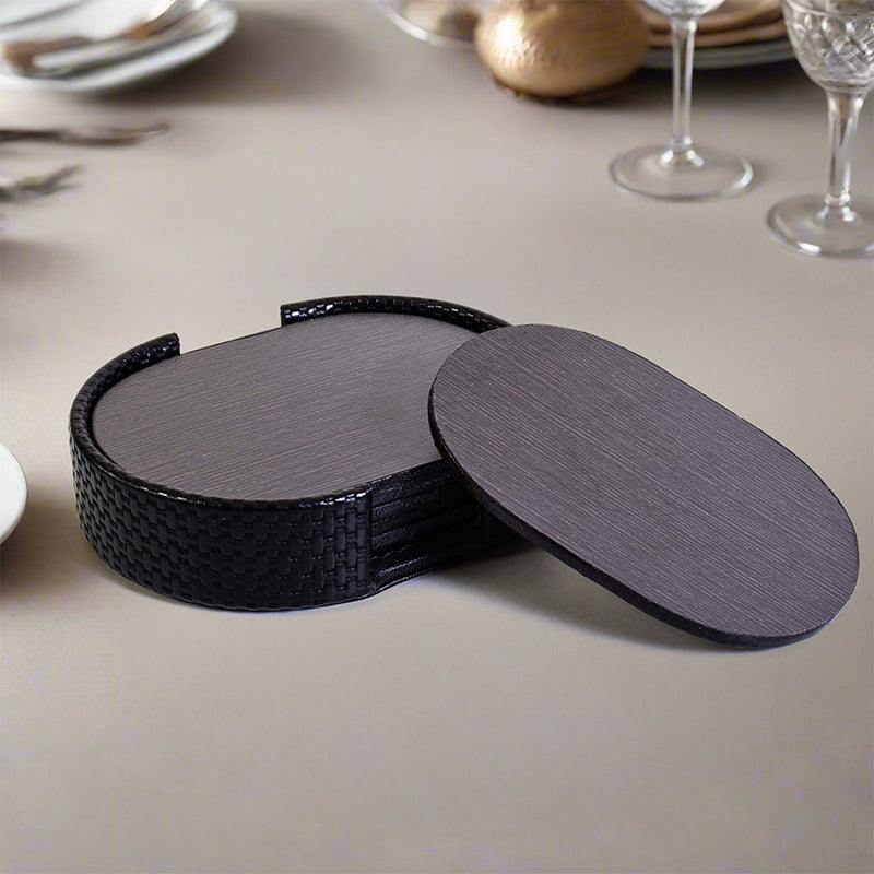 Tishue Faux Leather Coaster (Black) - Seven Piece Set