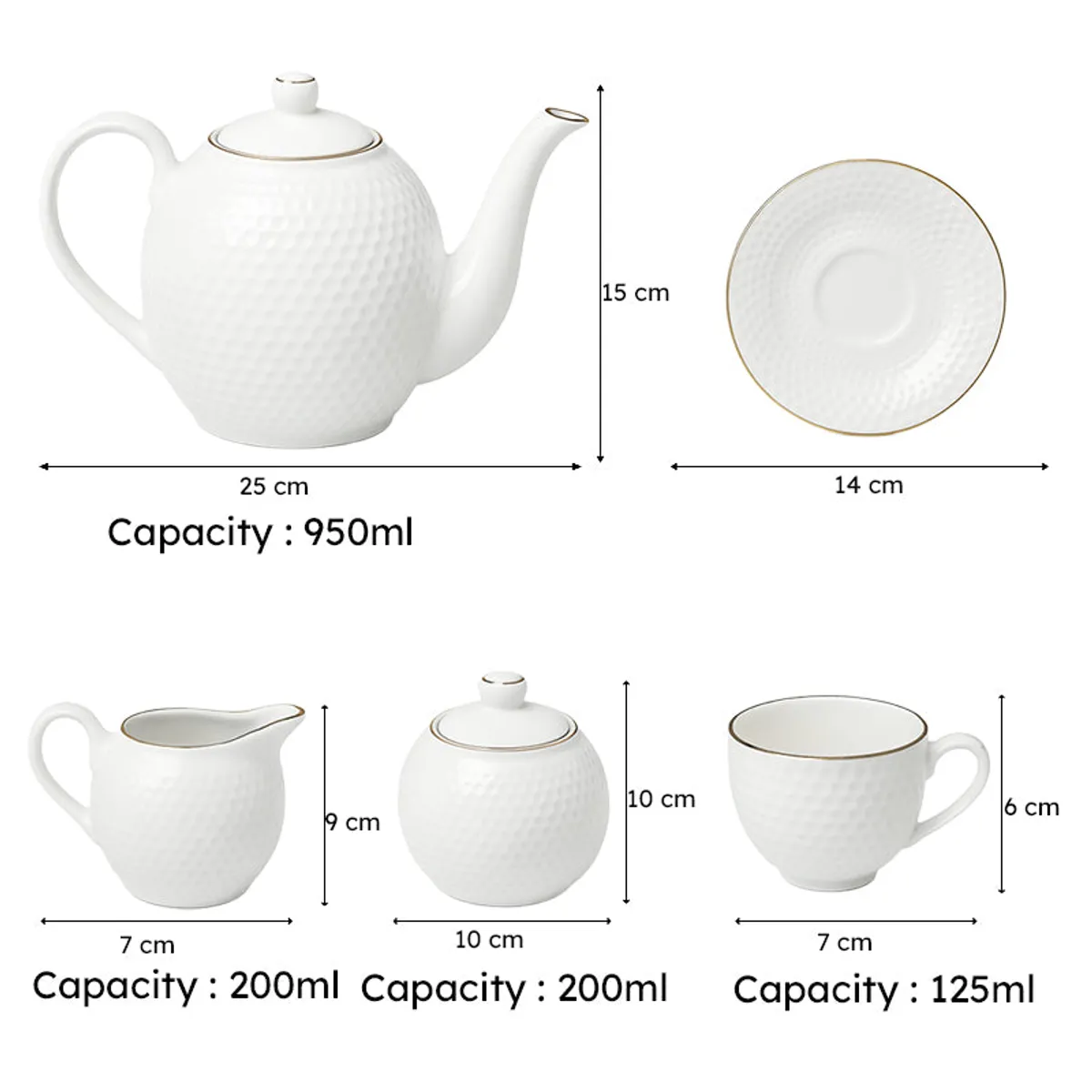 White textured teapot, saucer, milk pot, sugarpot and cup shown with measurements