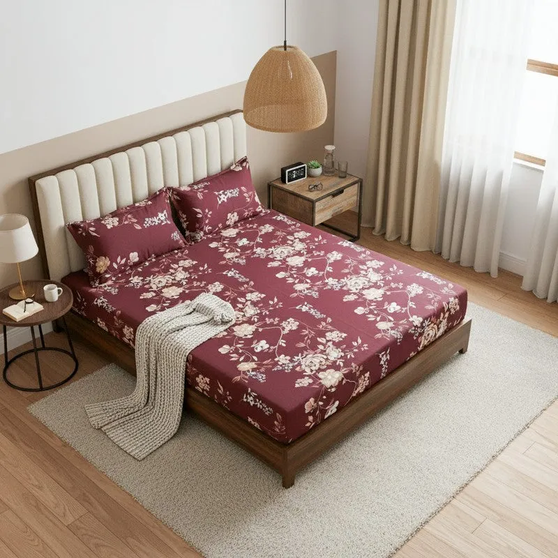 Layla Floral Neon Print Cotton Bedsheet (Maroon) - 144 TC media 1