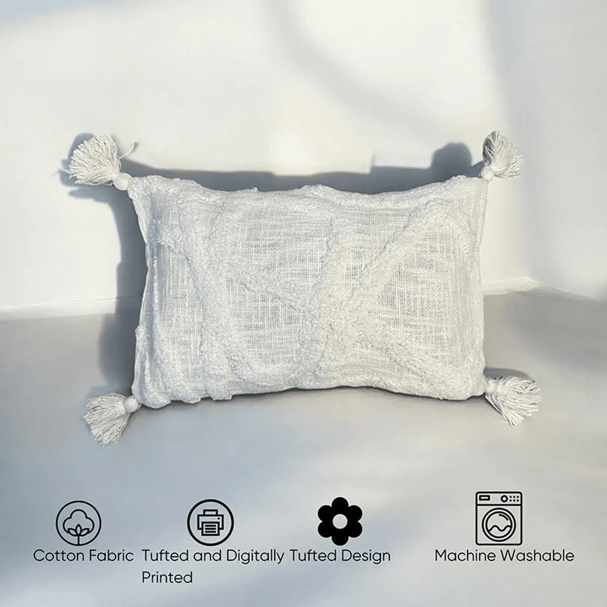 Single grey rectangular tufted cushion cover with tassels