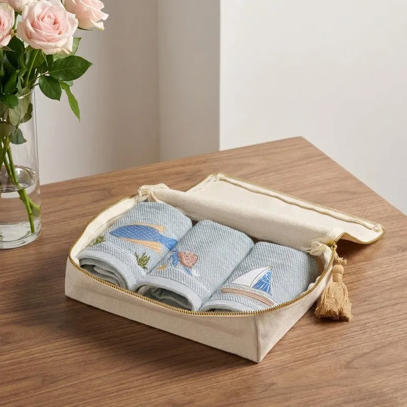 Nautical Applique Bamboo Cotton Hand Towels with Canvas Box - Set Of Three media 1