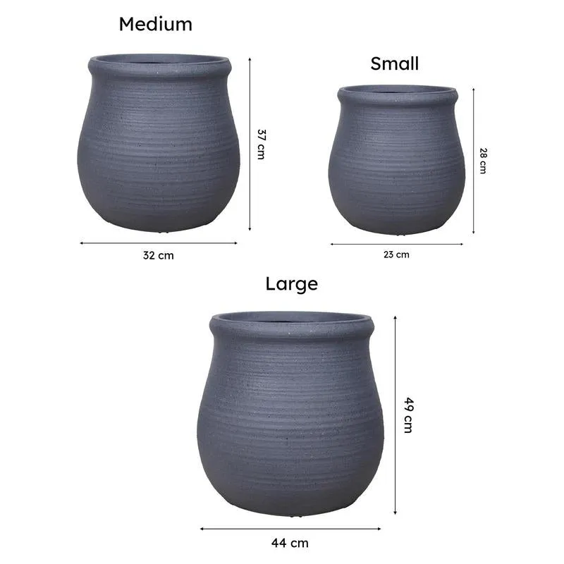 Size comparison showing Small, Medium and Large grey planters with measurements