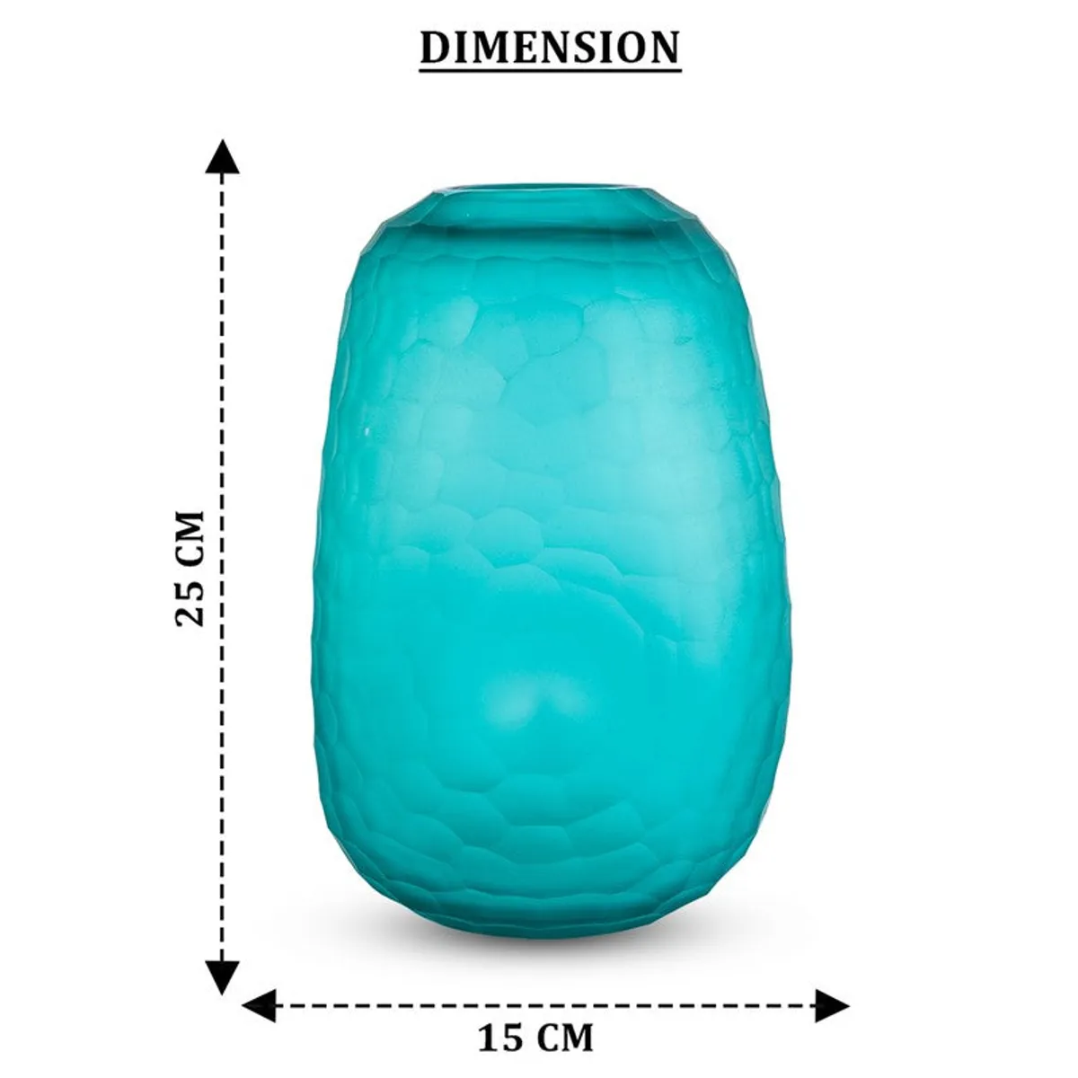 Blue glass vase on a white background with vertical and horizontal guide arrows