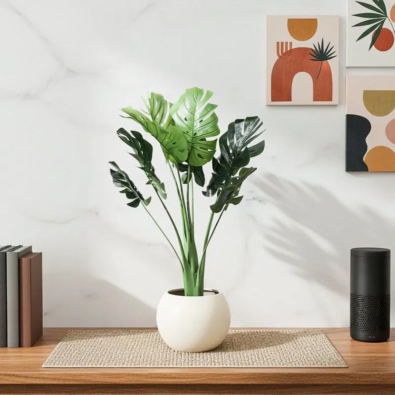 Faux Monstera Delicosa Plant With Black Plastic Pot - 2.9 Feet media 1