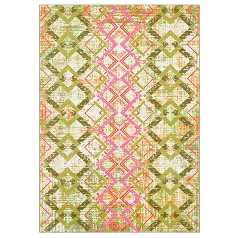 Thrain Geometric Polyester Anti-Skid Carpet - Green & Pink media 1
