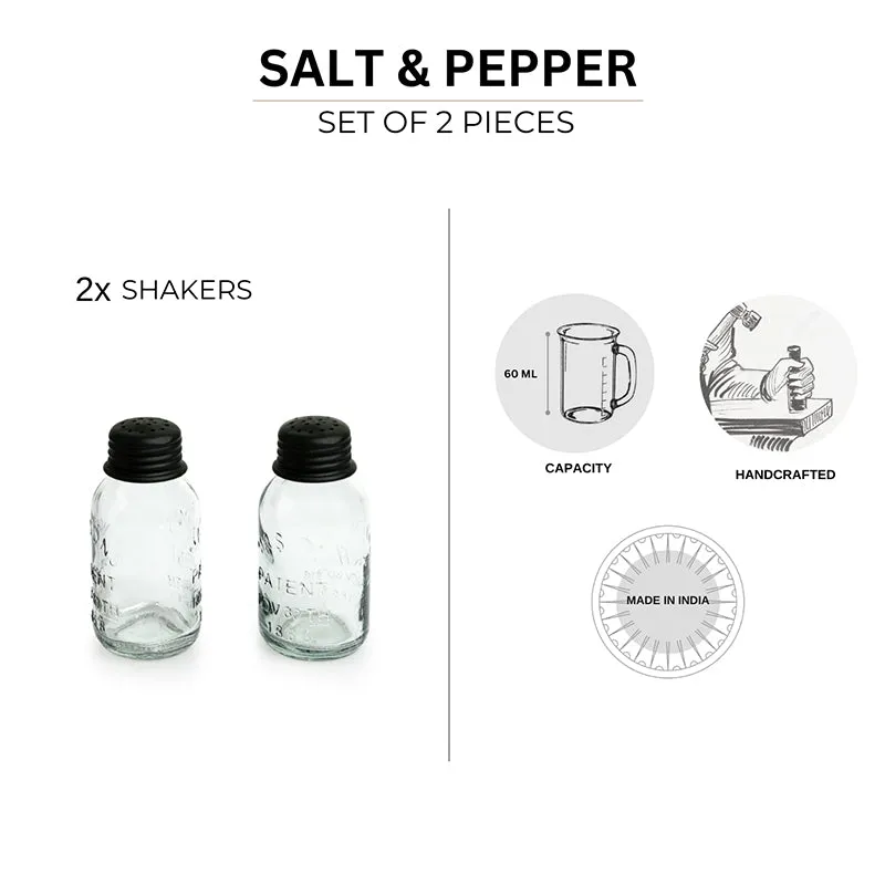 Two glass salt and pepper shakers displayed with capacity and design callouts