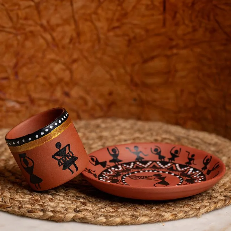 Warli Wisp Handpainted Terracotta Kulhad - Set Of Two media 1