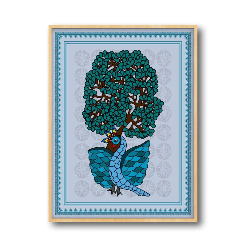 Ethereal Peacock Framed Gond Canvas Archival Canvas Wall Painting - Natural Brown Frame media 6