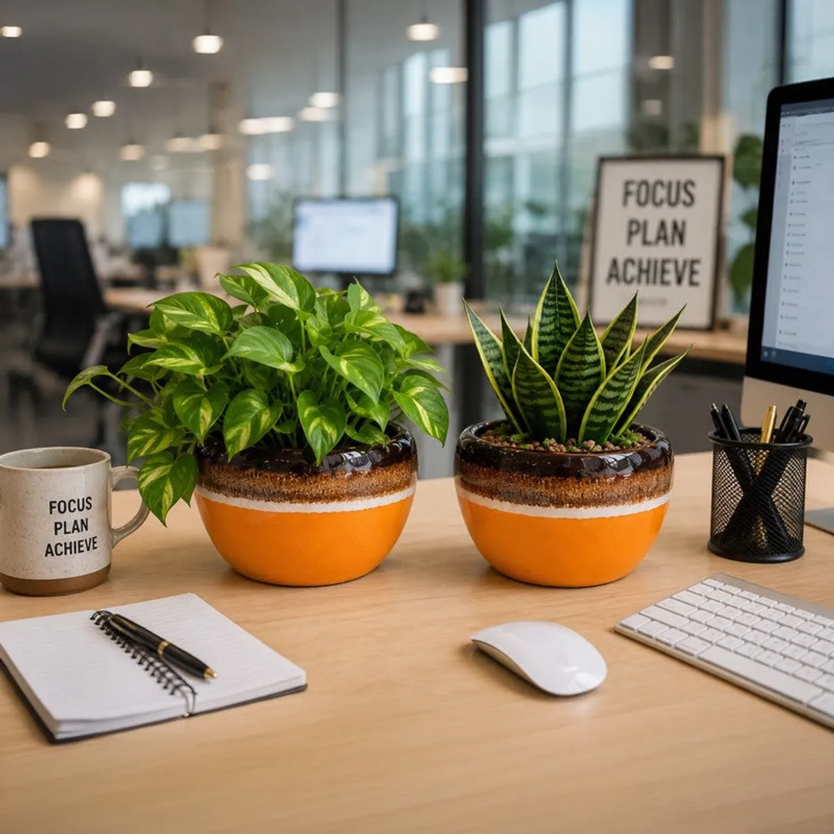 Two colourful ceramic planters holding green plants on an office desk.