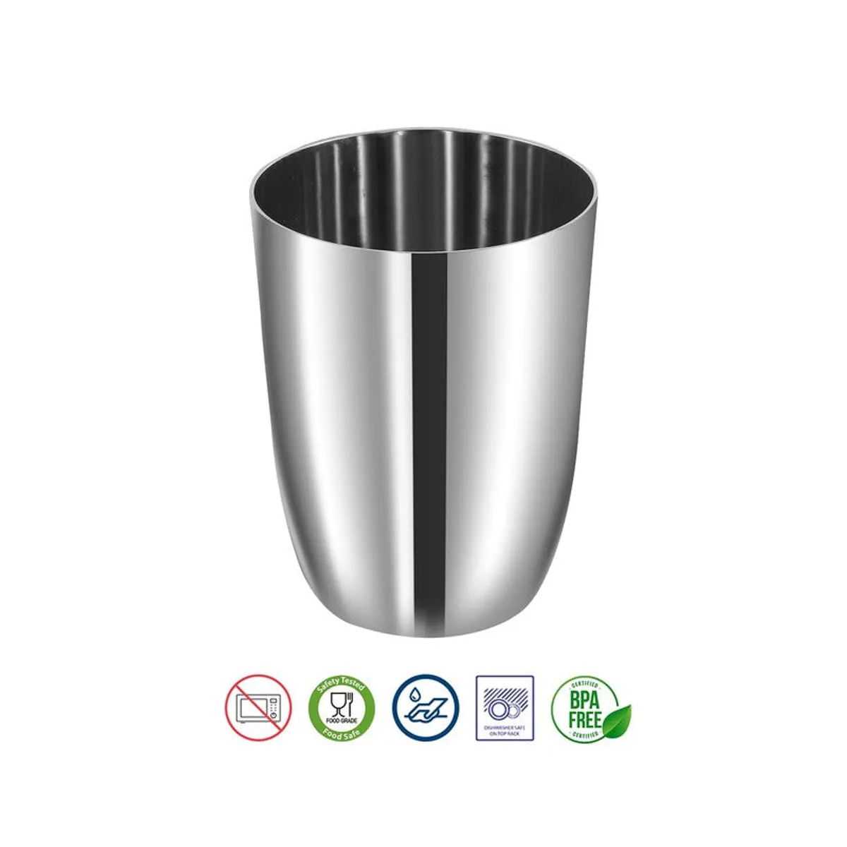 Single silver stainless steel glass shown against a white background