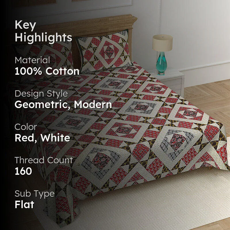 Adire Geometric Cotton Bedsheet (Red) - 160 TC media 2