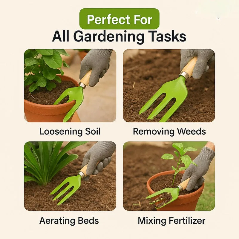 Green garden fork being used for soil and plant care in a garden