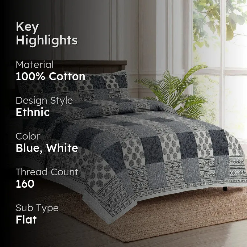 Lamora Ethnic Cotton Bedsheet (Blue,White) - 160 TC media 2