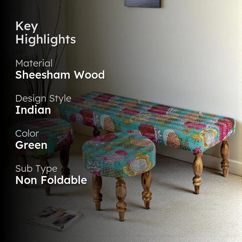 Axino Sheesham Wooden Bench with Stools (Green) - Three Piece Set media 2