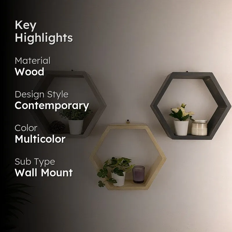 Loftia III Hexagonal Shaped Wooden Wall Shelves - Set of 3 media 2