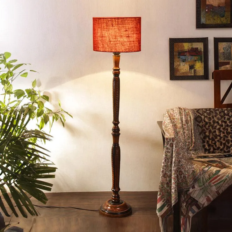 Biya Vintage Wooden Floor Lamp With Jute Shade - Maroon media 1