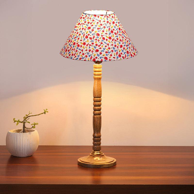 Tiny Fleur Table Lamp With Carved Wooden Base - Multicolor