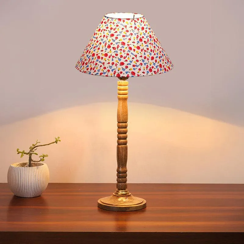Tiny Fleur Table Lamp With Carved Wooden Base - Multicolor media 1