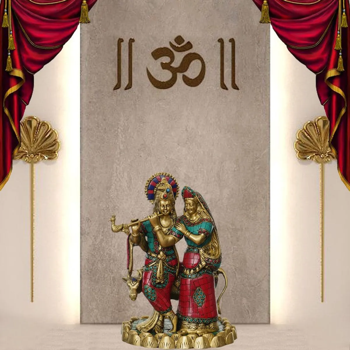 Krishna and Radha brass idol displayed against a devotional backdrop