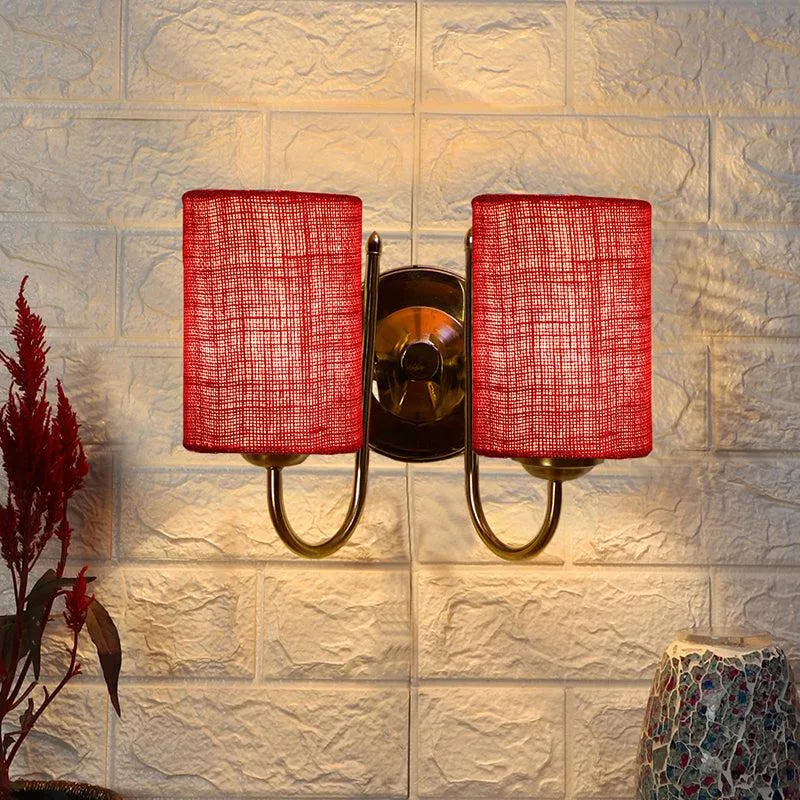 Veda Duo Cylindrical Fabric & Metal Wall Lamp - Maroon media 1