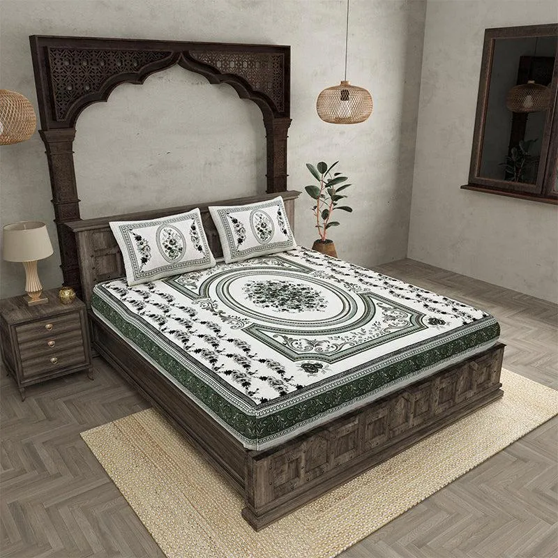 Pusthi Ethnic Cotton Bedsheet (Green) - 240 TC media 1