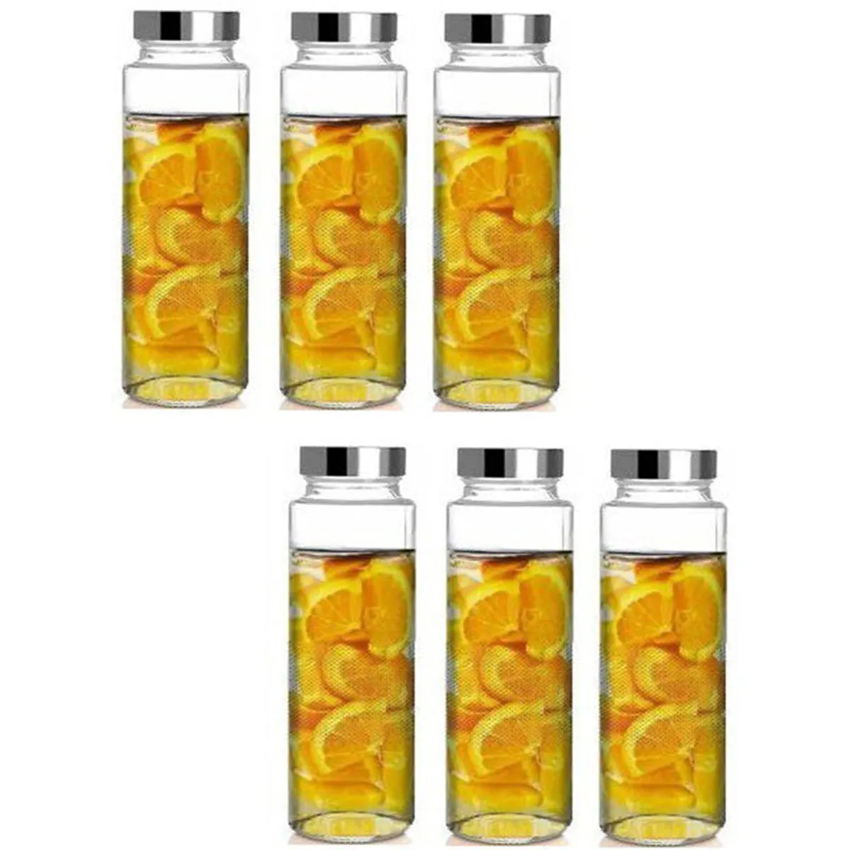 Six matching glass bottles with silver caps arranged in two rows