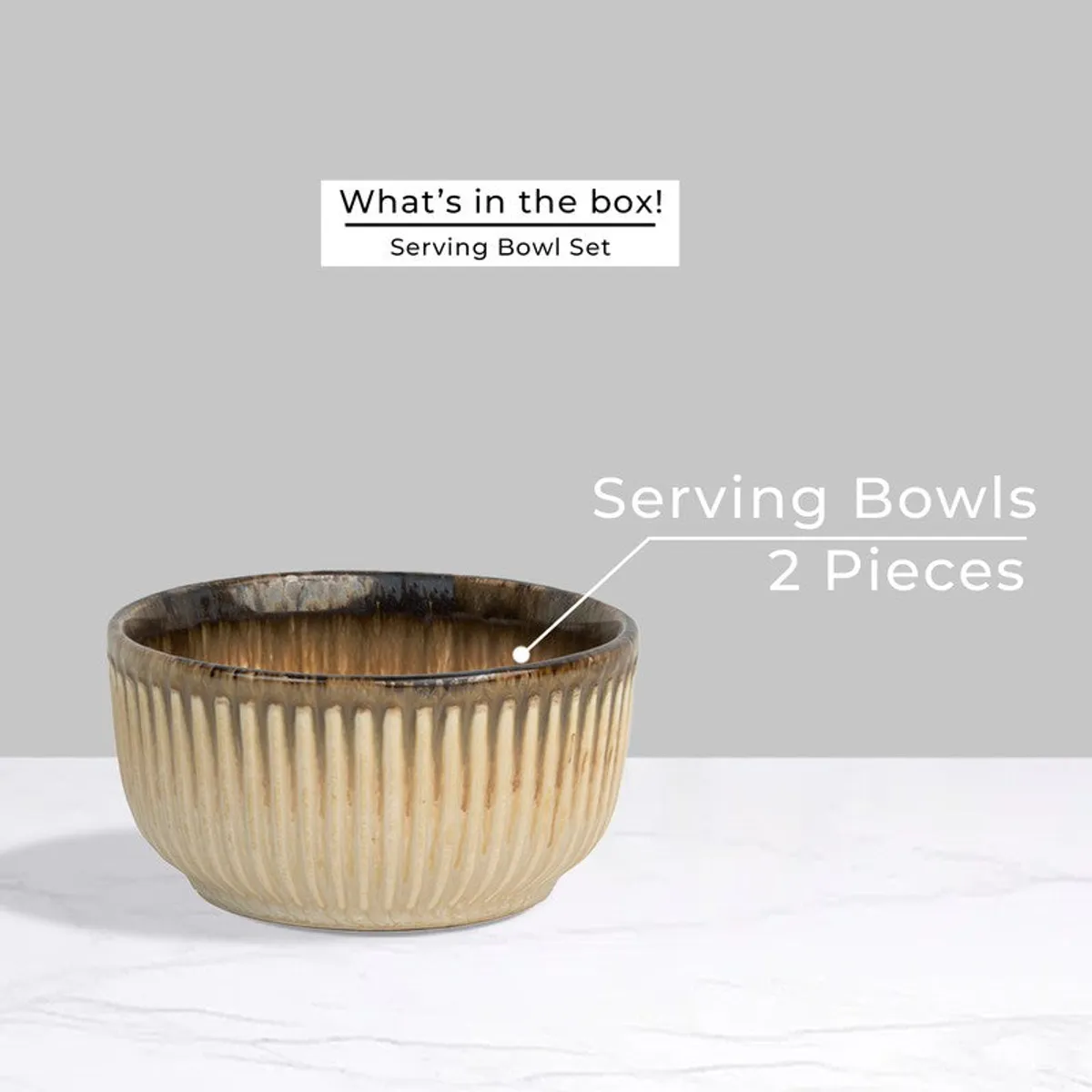 Beige ceramic serving bowl with brown ridges shown as part of a two-piece set.