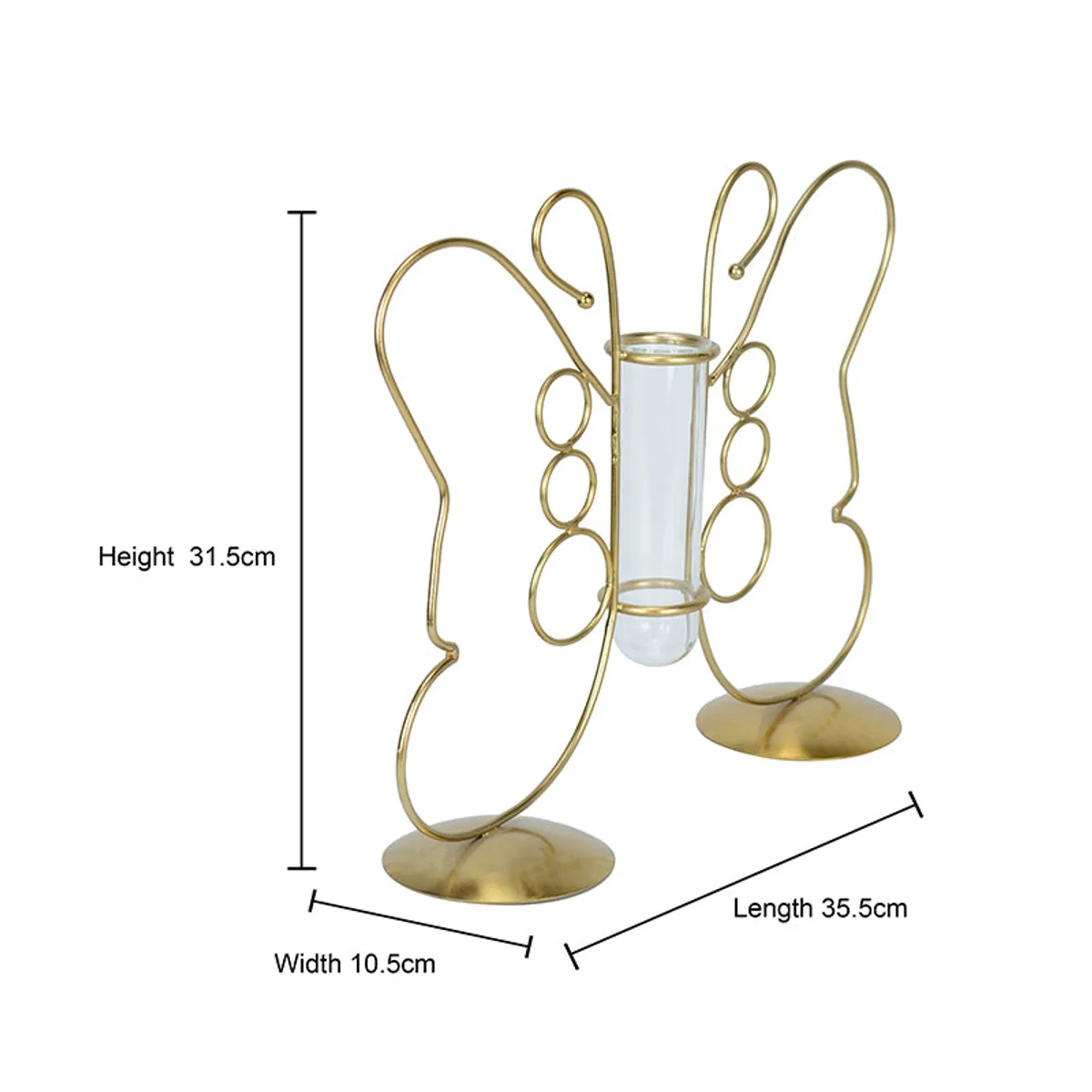 Gold butterfly-shaped metal vase with central glass test tube on white background