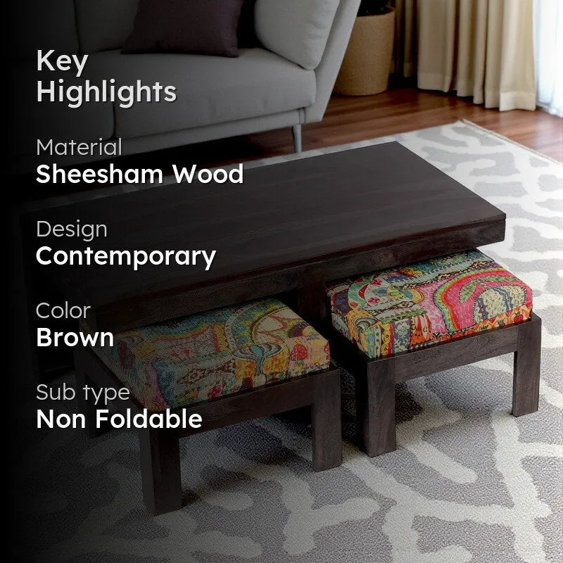 Drexon Sheesham Wooden Center Table with Stools (Deep Brown,Multicolor) - Five Piece Set media 2