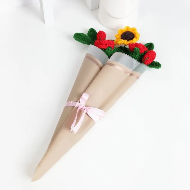 Crochet Handmade Rose & Sunflower Bouquet (Yellow,Red) - Set Of Five media 4