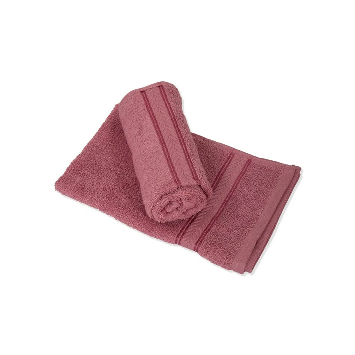 Rolled and folded dusty pink towels shown on a white background
