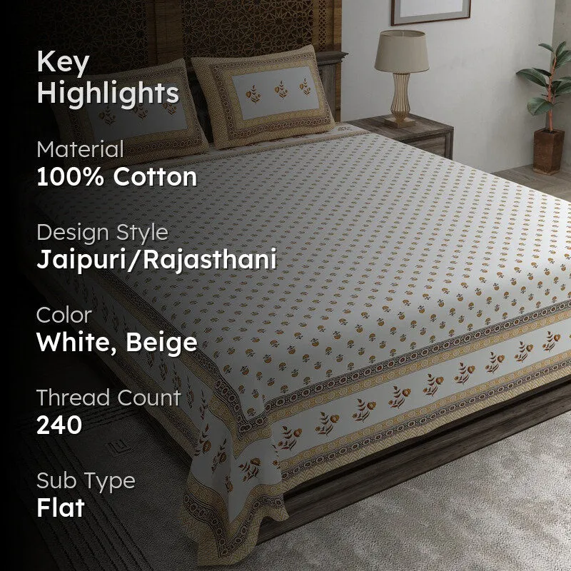 Gardenva Cotton Bedsheet (White,Beige) - 240 TC media 2