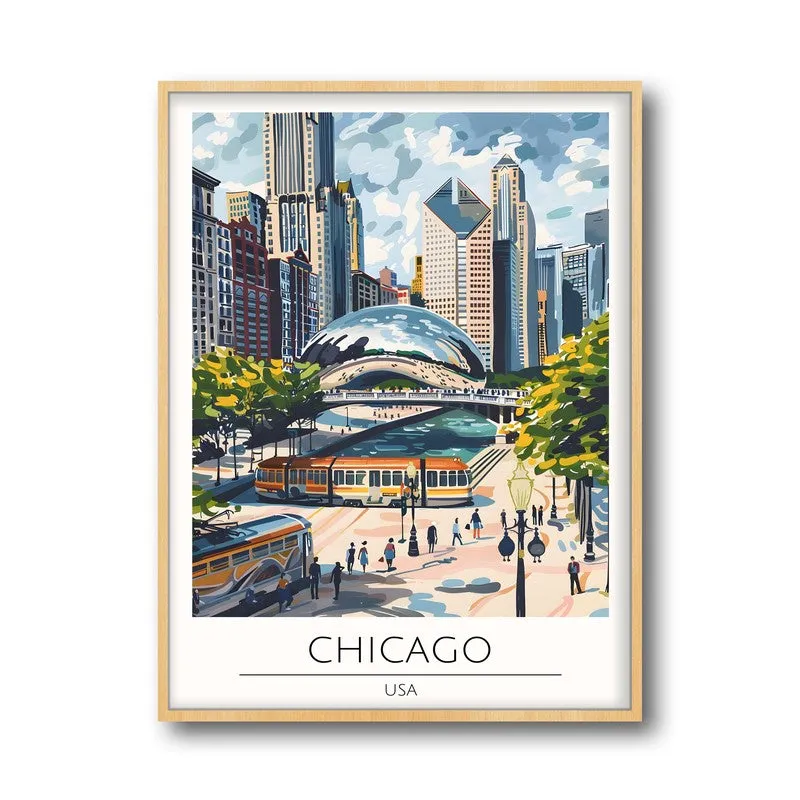 Vintage Chicago Framed Canvas Archival Canvas Wall Painting - Natural Brown Frame media 5