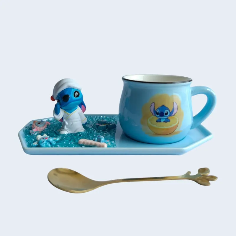 Stitch Bliss Ceramic Coffee Mug With Tray (180 mL) - Blue - 5