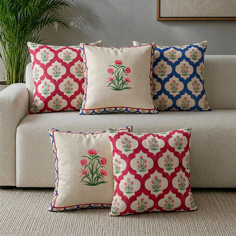 India Circus Poppy Portal Printed Velvet Cushion Cover - Set Of Five media 1