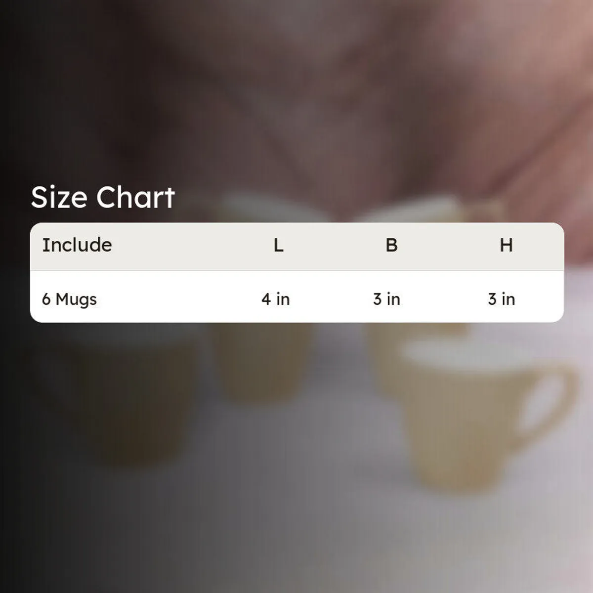 Size chart showing six mugs with length, breadth and height details