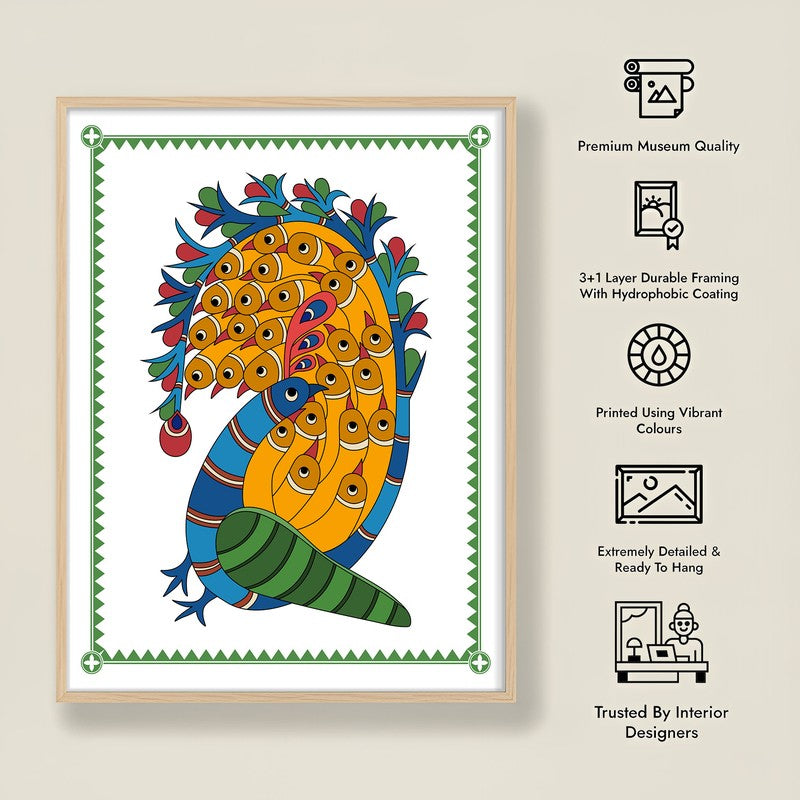 Royal Peacock Framed Madhubhani Canvas Archival Canvas Wall Painting - Natural Brown Frame media 9