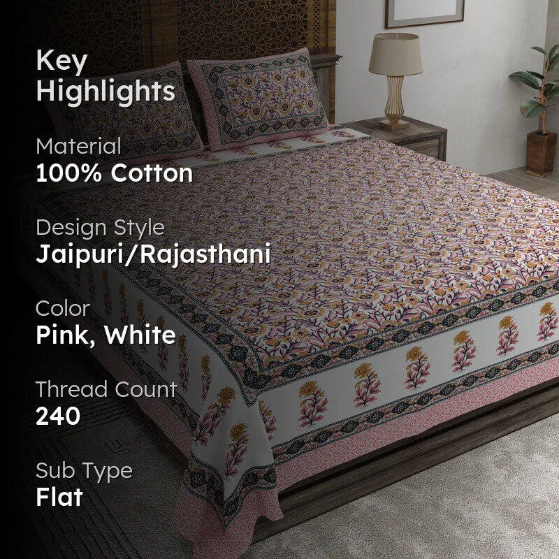 Gardenel Cotton Bedsheet (Pink,White) - 240 TC media 2