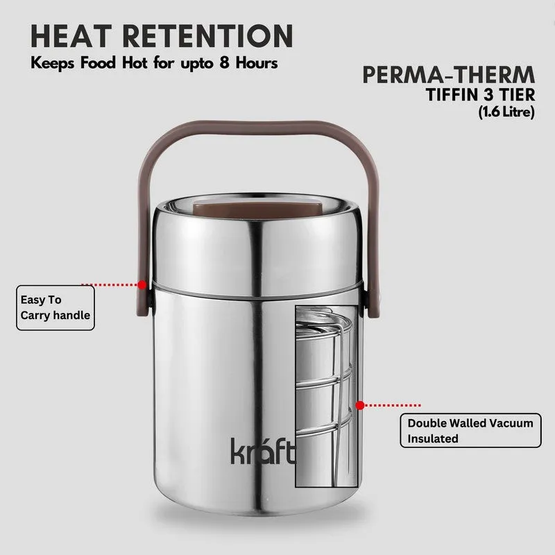 Silver tiffin carrier with brown handle shown with an insulated double-wall cutaway