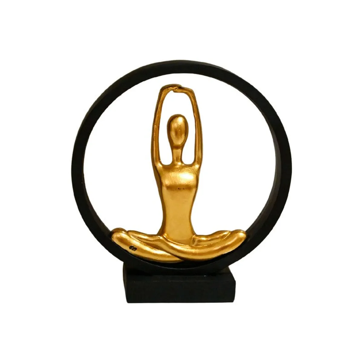 Front view of a gold yoga figurine inside a black circular frame on a white background