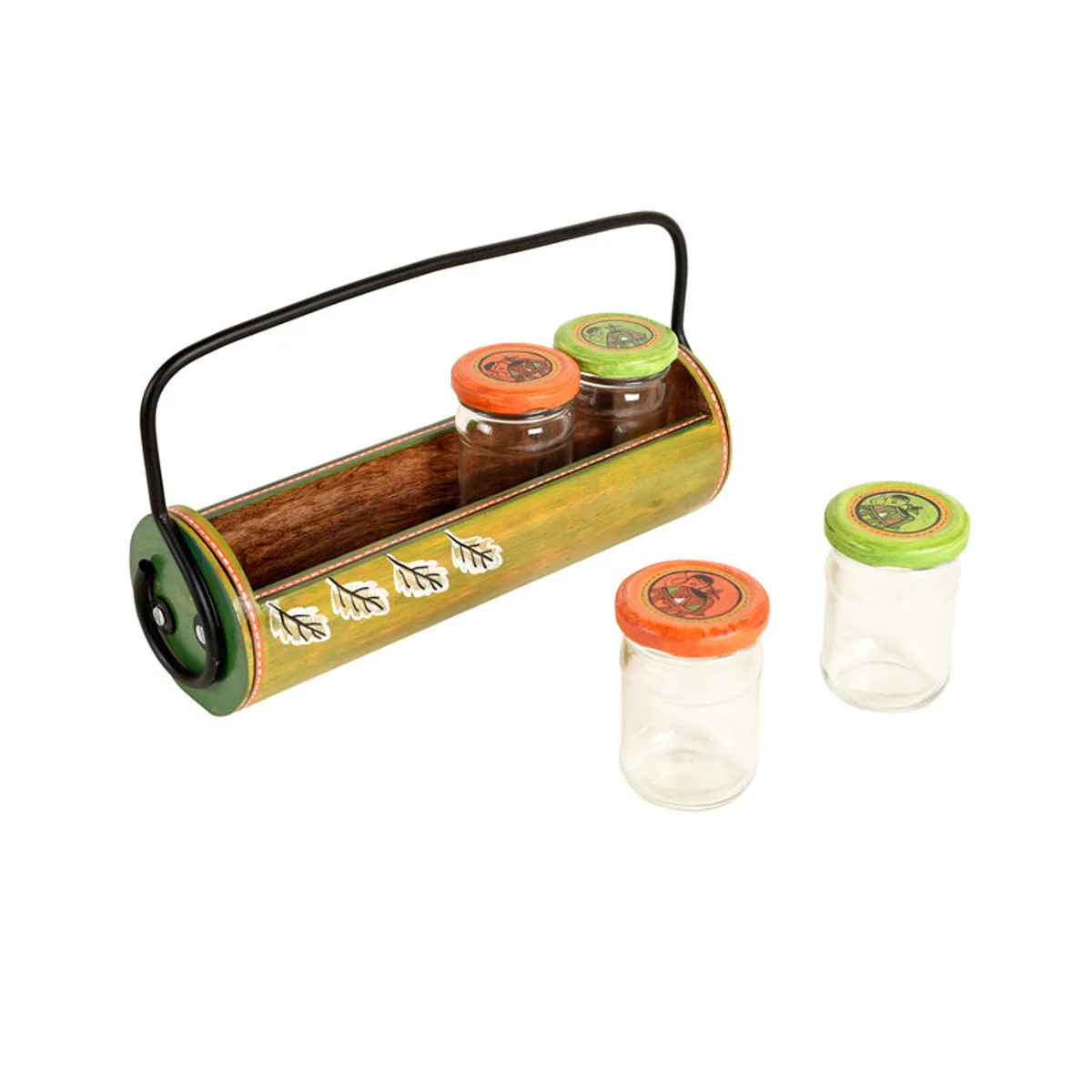Green wooden condiment caddy holding glass jars with orange and green lids