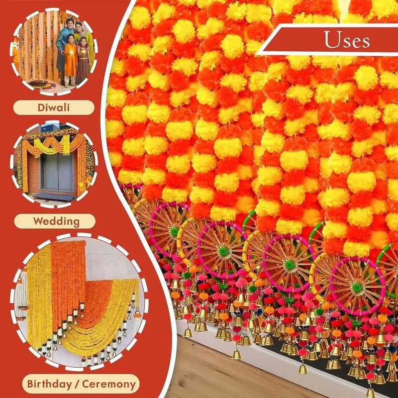 Close-up of dense orange and yellow marigold-style strands with colourful hanging details