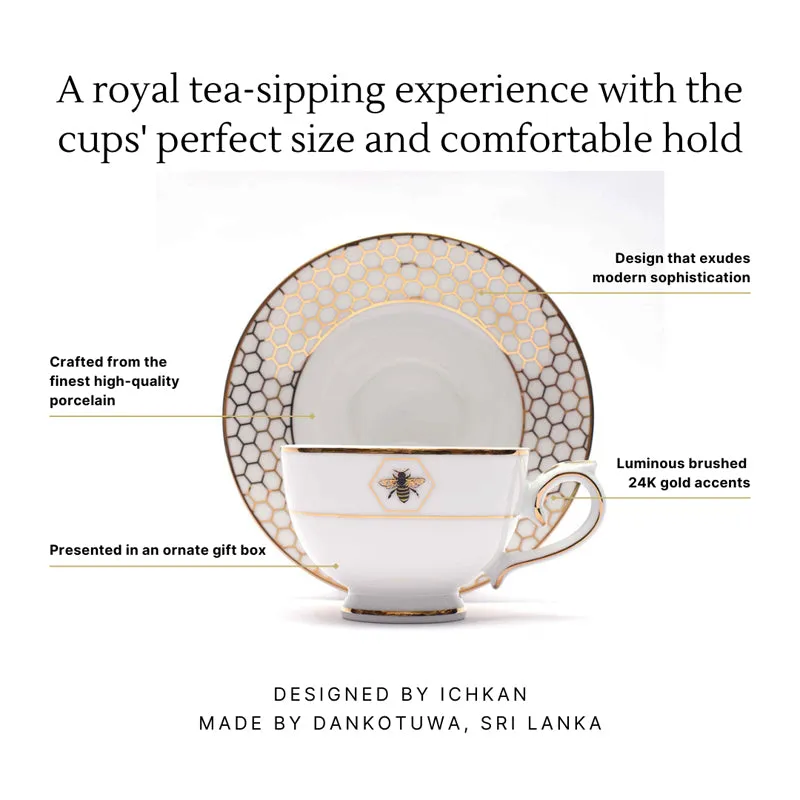 Gilded Bee 24k Gold Brushed Porcelain Tea Cup & Saucer (300 mL) - Set of Six media 6