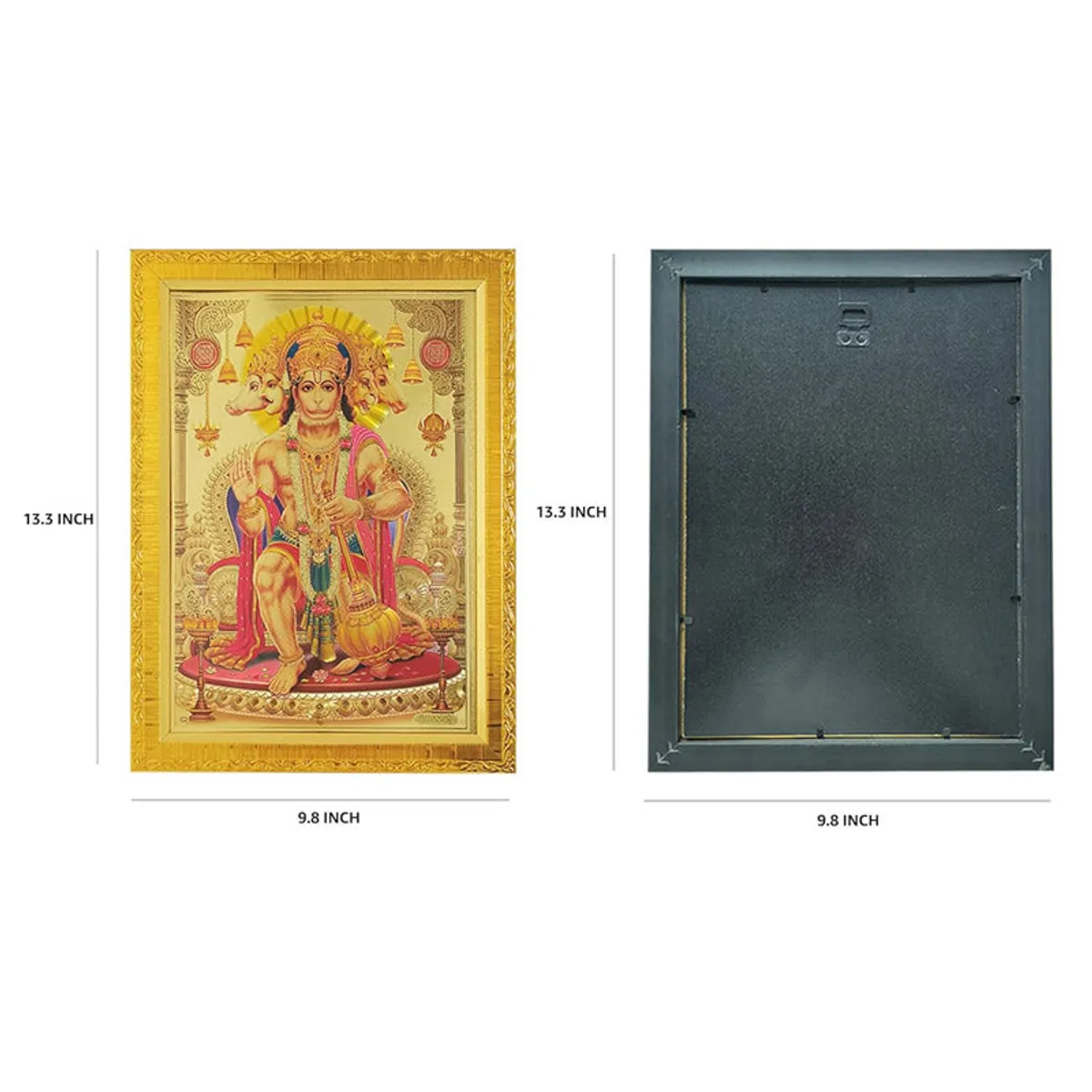 Front and back view of a gold-framed Hanuman wall accent with dimensions shown.
