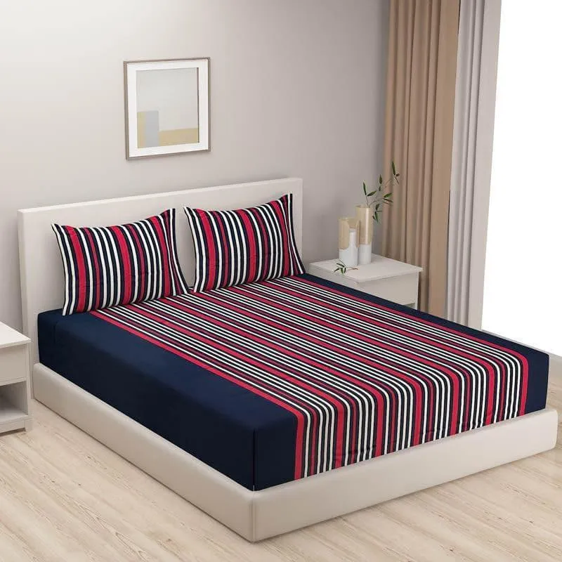 Swayam Stripey Vibrant Cotton Bedsheet (Navy Blue) - 180 TC media 1