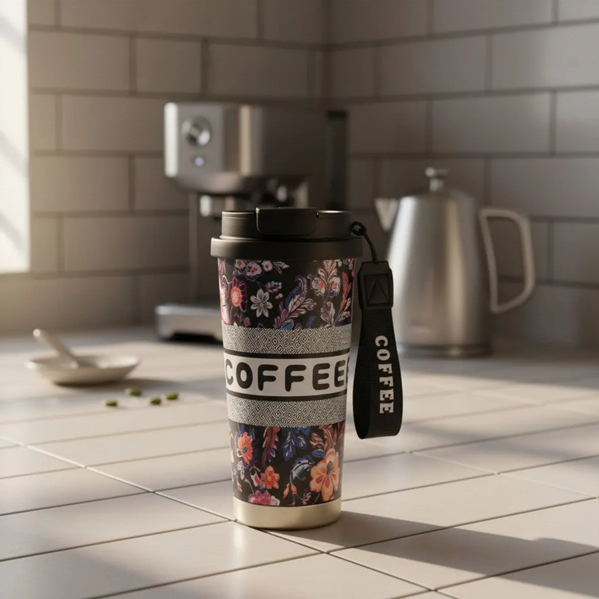 Floral coffee tumbler on a kitchen counter beside coffee-making equipment